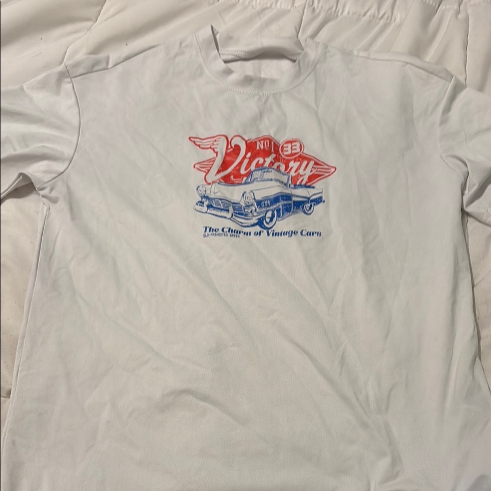 SHEIN White Tee with Red and Blue Vintage Car Graphic